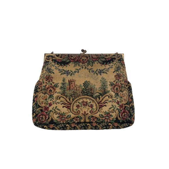 Vintage French Tapestry Clutch Purse With Castle Scene & Floral Design - Picture 1 of 6
